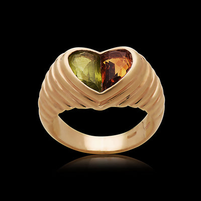 Bulgari Doppio Tondo 18k Yellow Gold Pink and Green Tourmaline Heart Ring