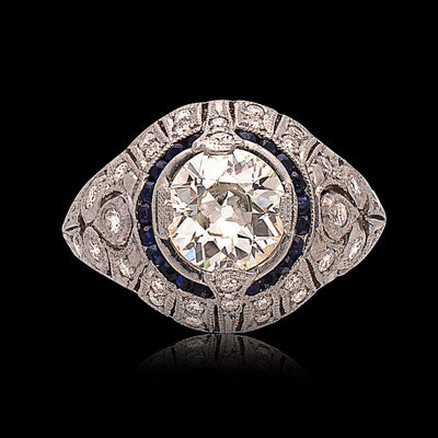 Art Deco Style Old European Sapphire Halo Platinum Ring