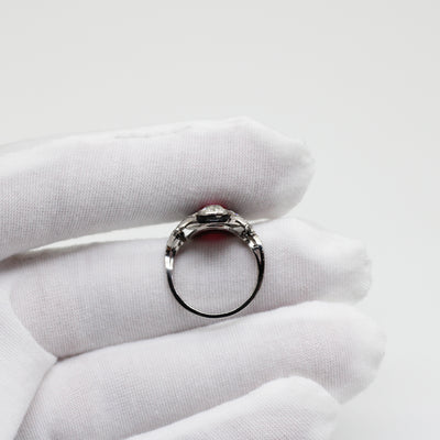 Art Deco 2.00 Carat Burma No-Heat Three-Stone Enamel Platinum Ring