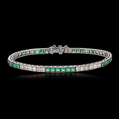 Art Deco Platinum Diamond & Emerald Straight Line Bracelet
