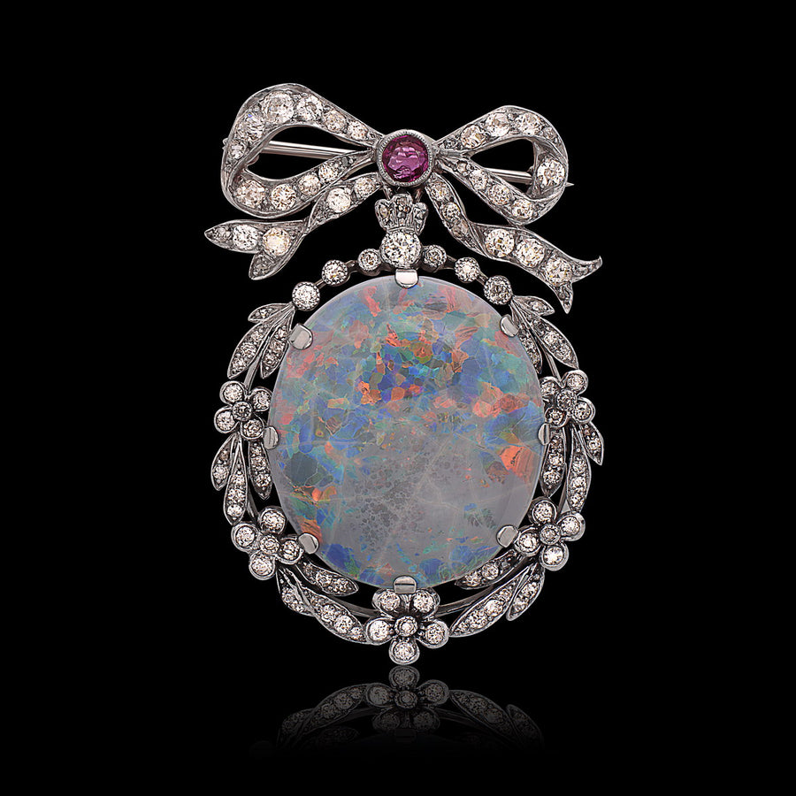 Antique opal, diamond & Ruby Platinum Brooch