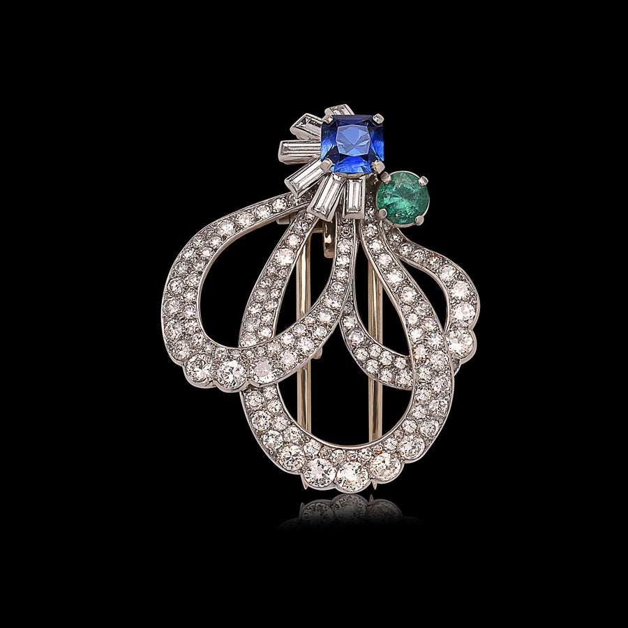 Cartier Sapphire & Emerald Diamond Floral Brooch