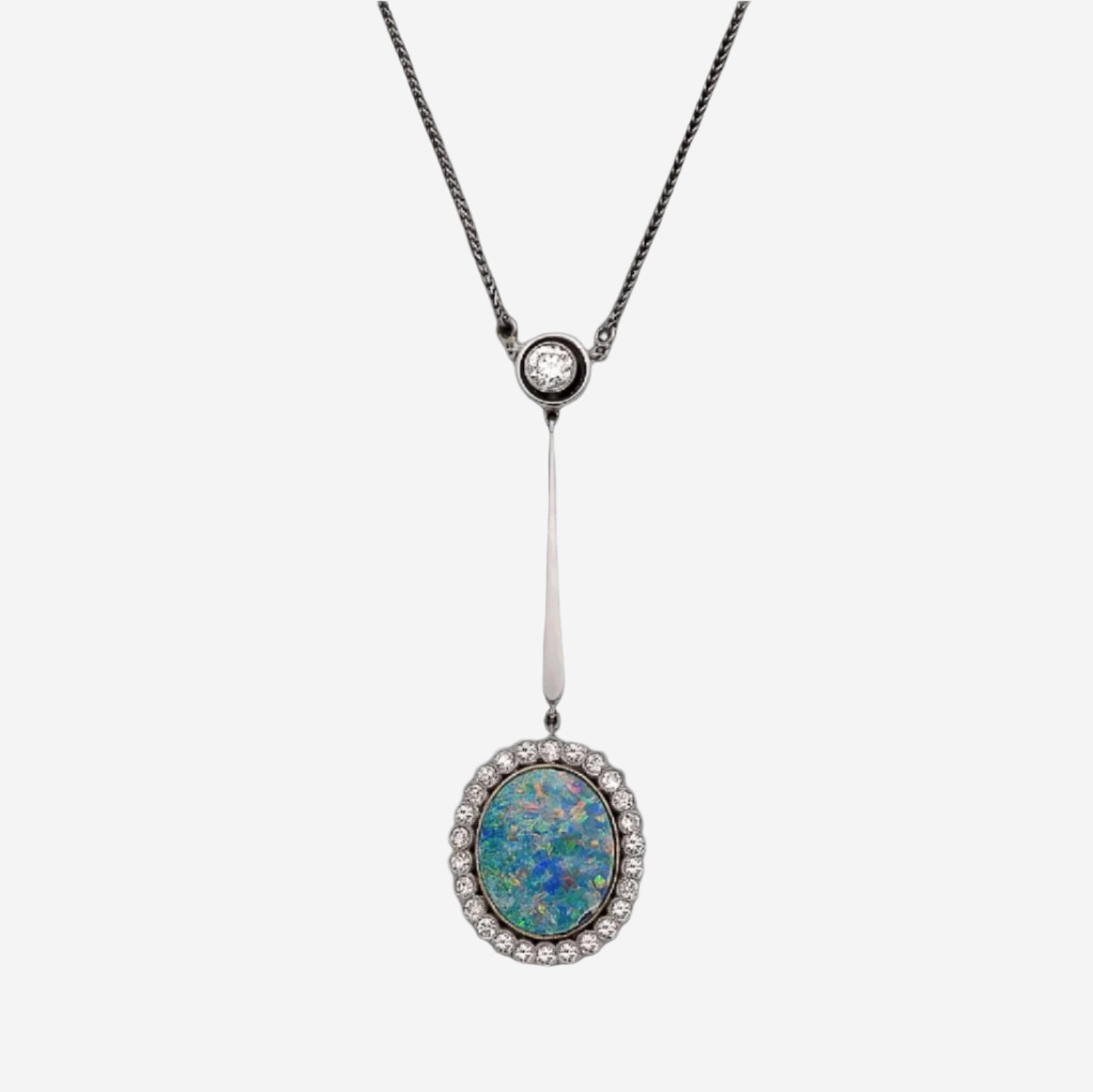 Gold & Silver Diamond Necklace with Man-Made Opal