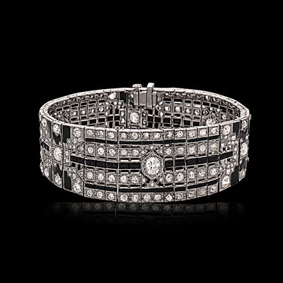 Art Deco Diamond Onyx Platinum Wide Bracelet