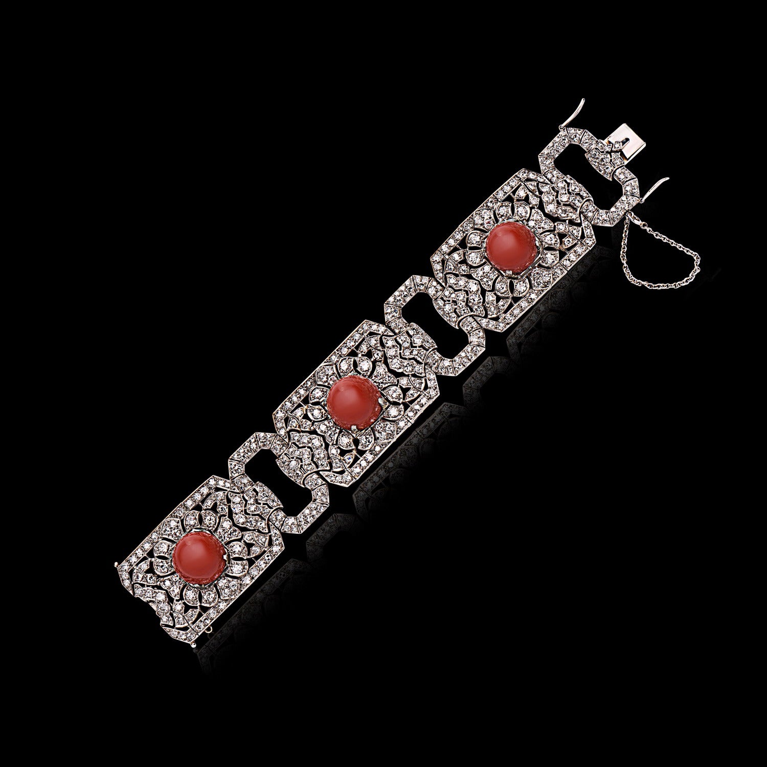 Historic French Art Deco Platinum & Coral Bracelet