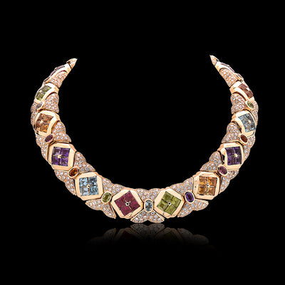 18 Karat Yellow Gold, Diamond & Multi Gemstone Necklace