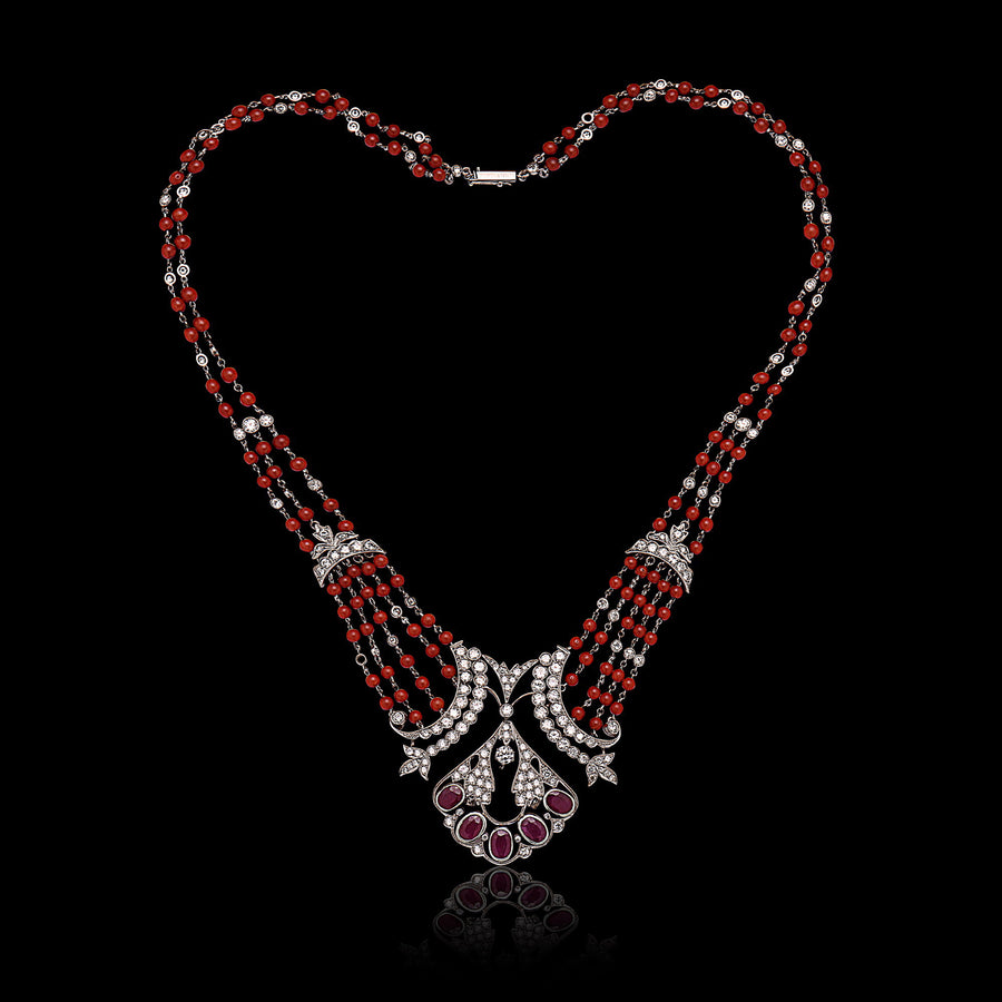 Diamond, Ruby & Coral beads Necklace