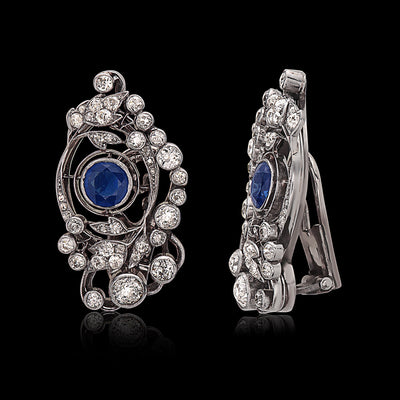Platinum, Diamond and Blue Sapphire Earrings