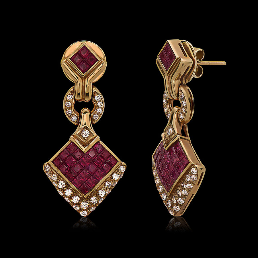 Invisible Set Ruby & Diamond Earrings in 18K Yellow Gold