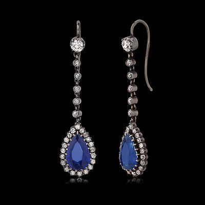 Victorian 14k Gold & Silver Diamond, Sapphire Drop Earrings