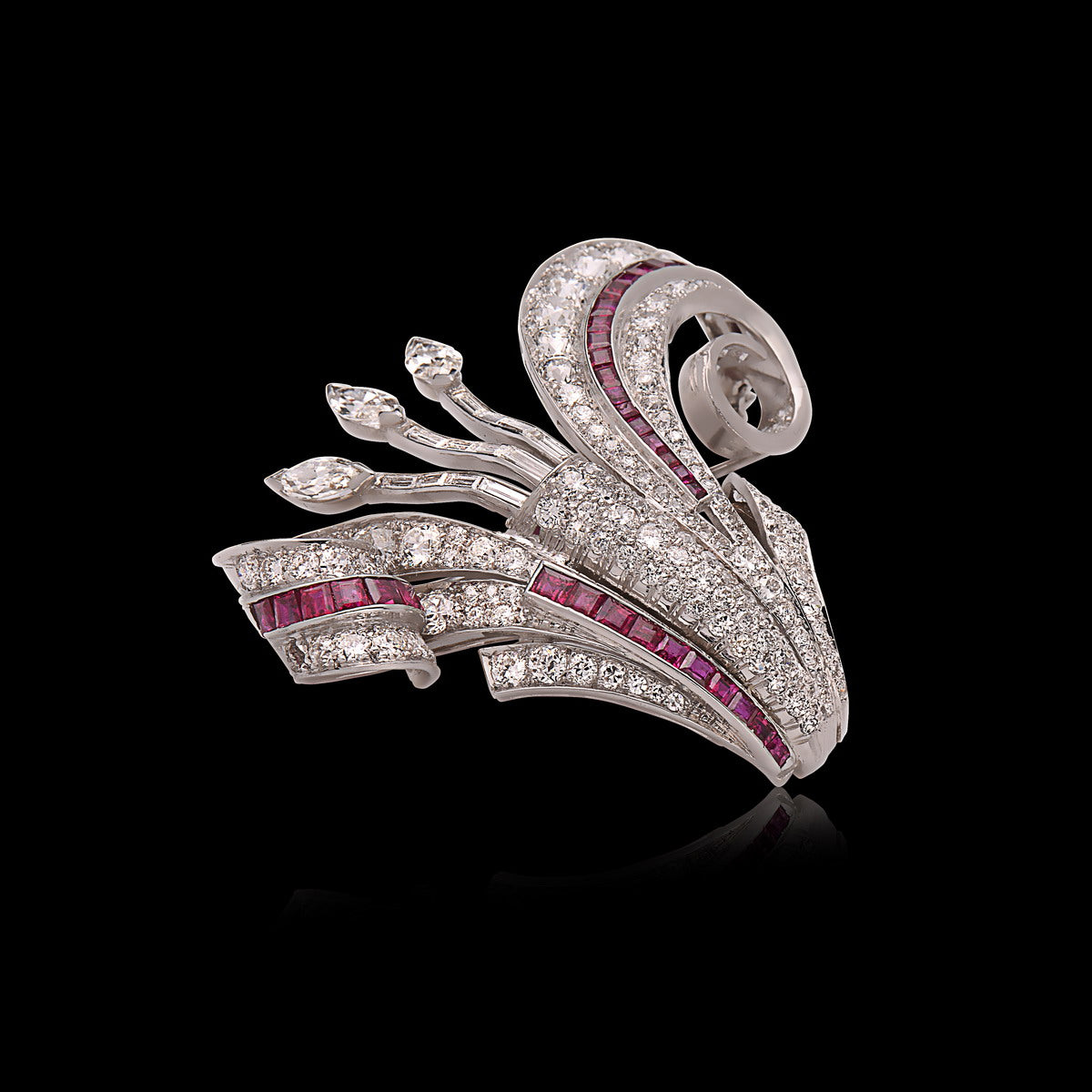 Art Deco Diamond & Ruby Platinum Brooch