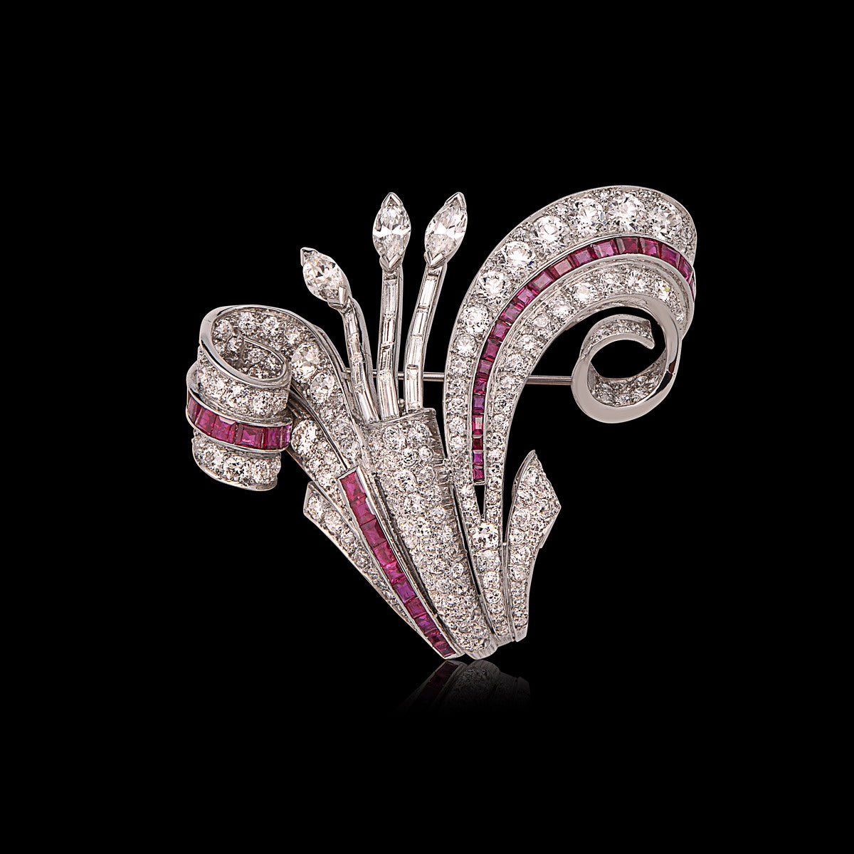 Art Deco Diamond & Ruby Platinum Brooch