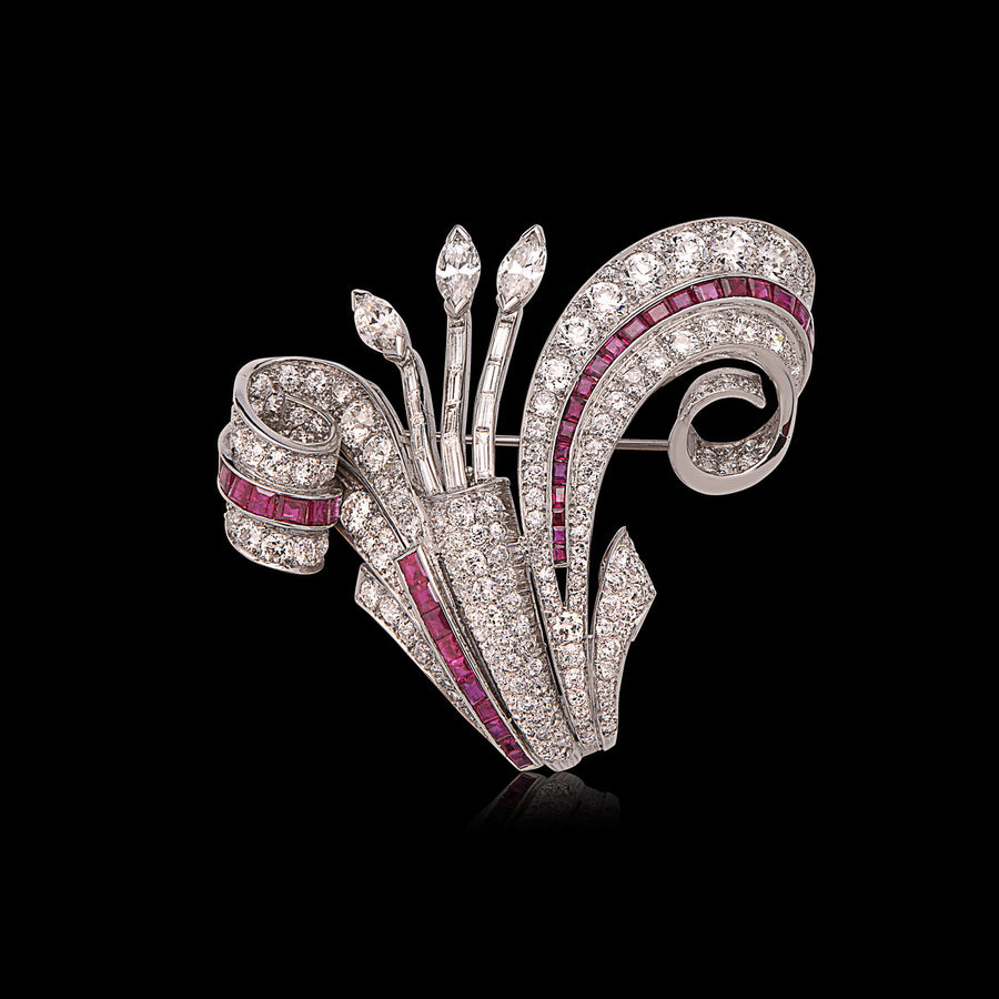 Art Deco Diamond & Ruby Platinum Brooch