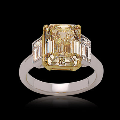 Fancy Yellow Emerald Cut Diamond Ring in Platinum and 18 Karat Yellow Gold