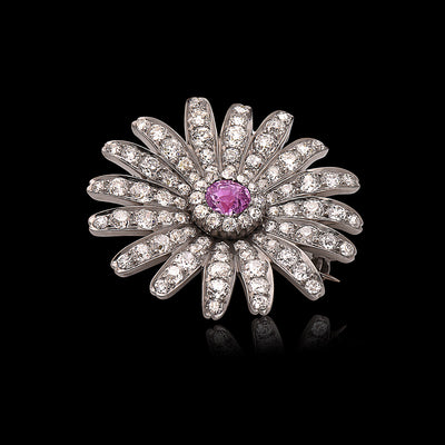 Platinum Diamond and Pink Sapphire Daisy Flower Pin/Brooch