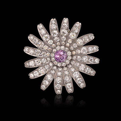 Platinum Diamond and Pink Sapphire Daisy Flower Pin/Brooch