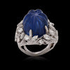 57.04 Carat Carved Sapphire Heat Cabochon Ring with 4.0 Carats of Diamonds