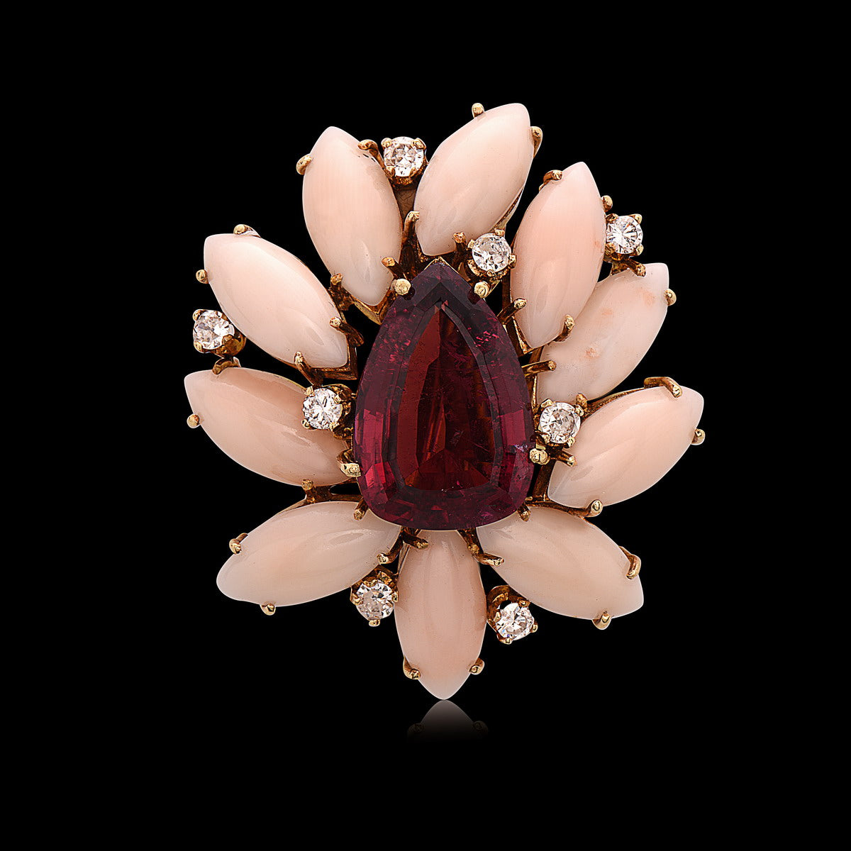 18K Yellow Gold, Coral, Diamond & Rubellite Set