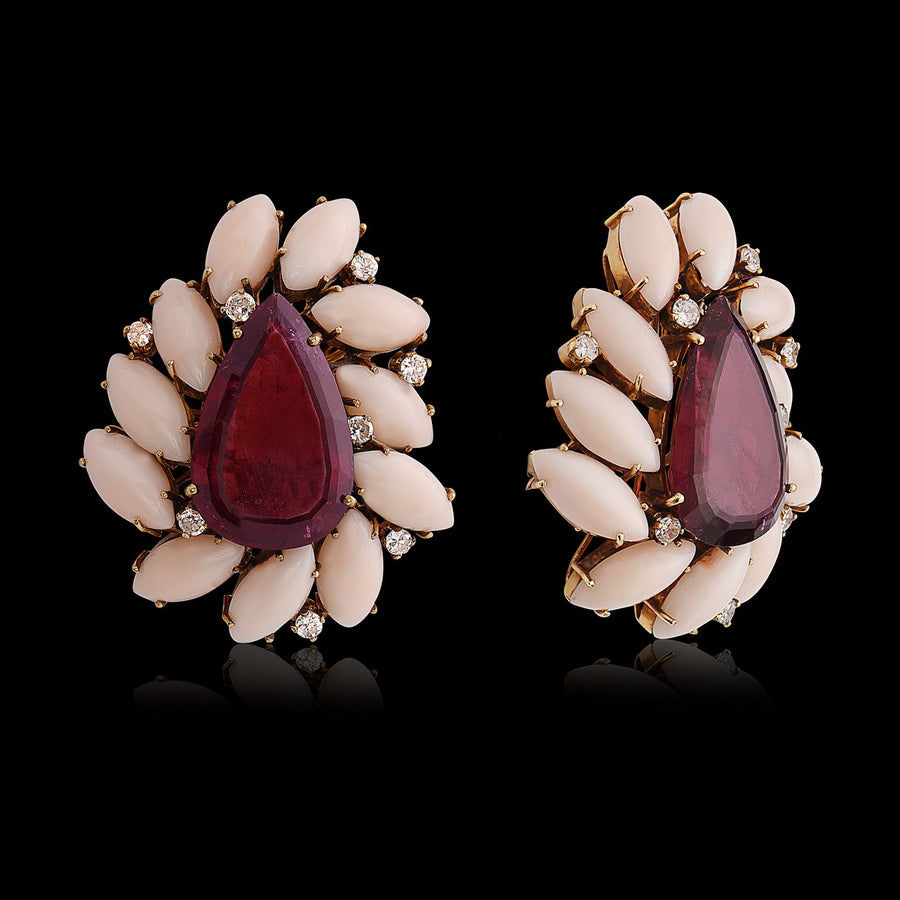 18K Yellow Gold, Coral, Diamond & Rubellite Set