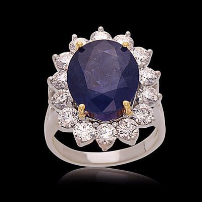 Oval Blue Sapphire Diamond Cluster Platinum Ring