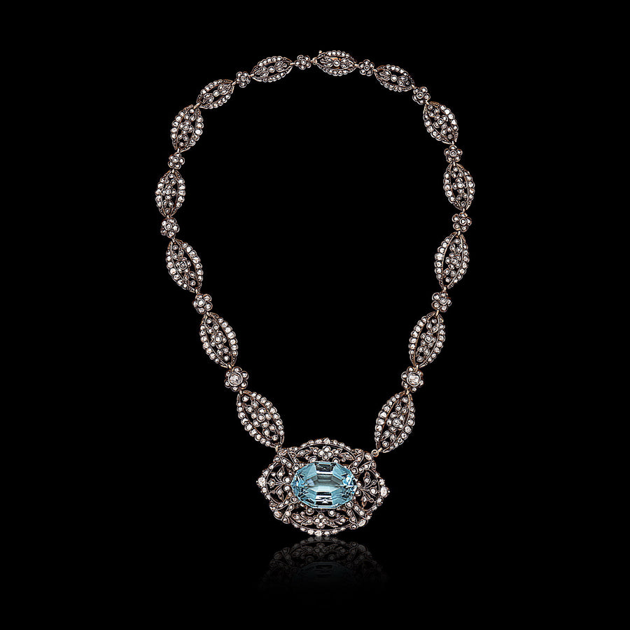 Antique Necklace with Diamond & Aquamarine (14K/Silver)