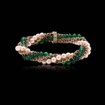 Cartier, 18kt Yellow Gold Pearl and Green Beads, Bracelet & Necklace Set