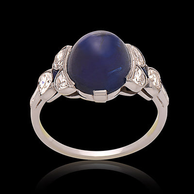 5.00 Carat Art Deco Sapphire Cabochon Platinum Ring with Half-Moon Diamonds