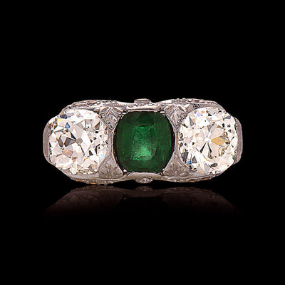 Art Deco Emerald & Diamond Three-Stone Ring