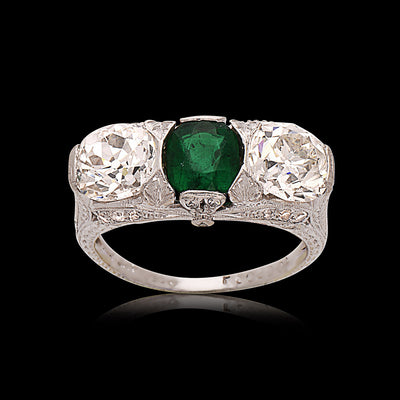 Art Deco Emerald & Diamond Three-Stone Ring