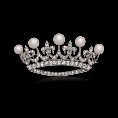 Signed Marcus & Co. Natural Pearl & Old European Platinum Crown Brooch