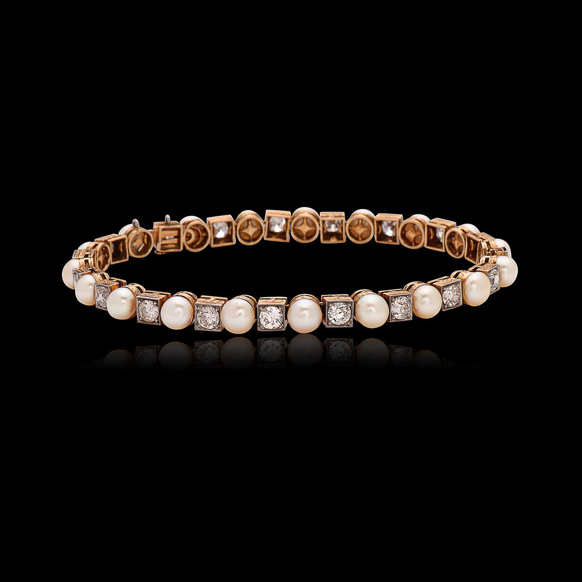 Antique Diamond & Natural Pearl Bracelet in Platinum & Gold