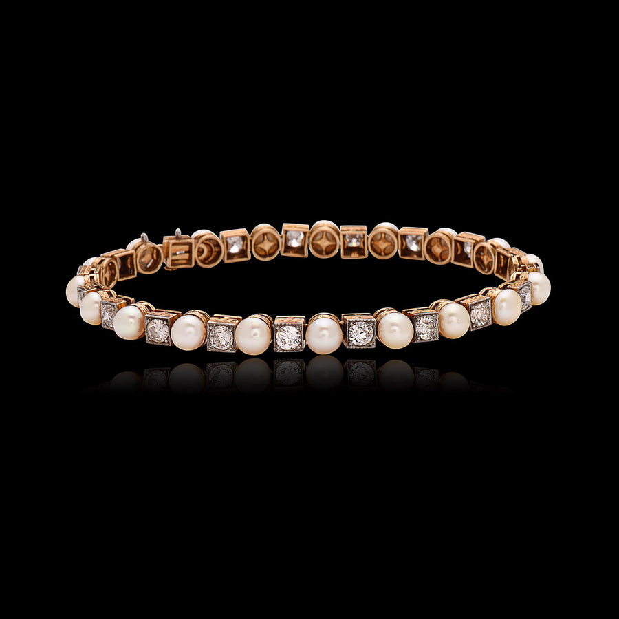 Antique Diamond & Natural Pearl Bracelet in Platinum & Gold