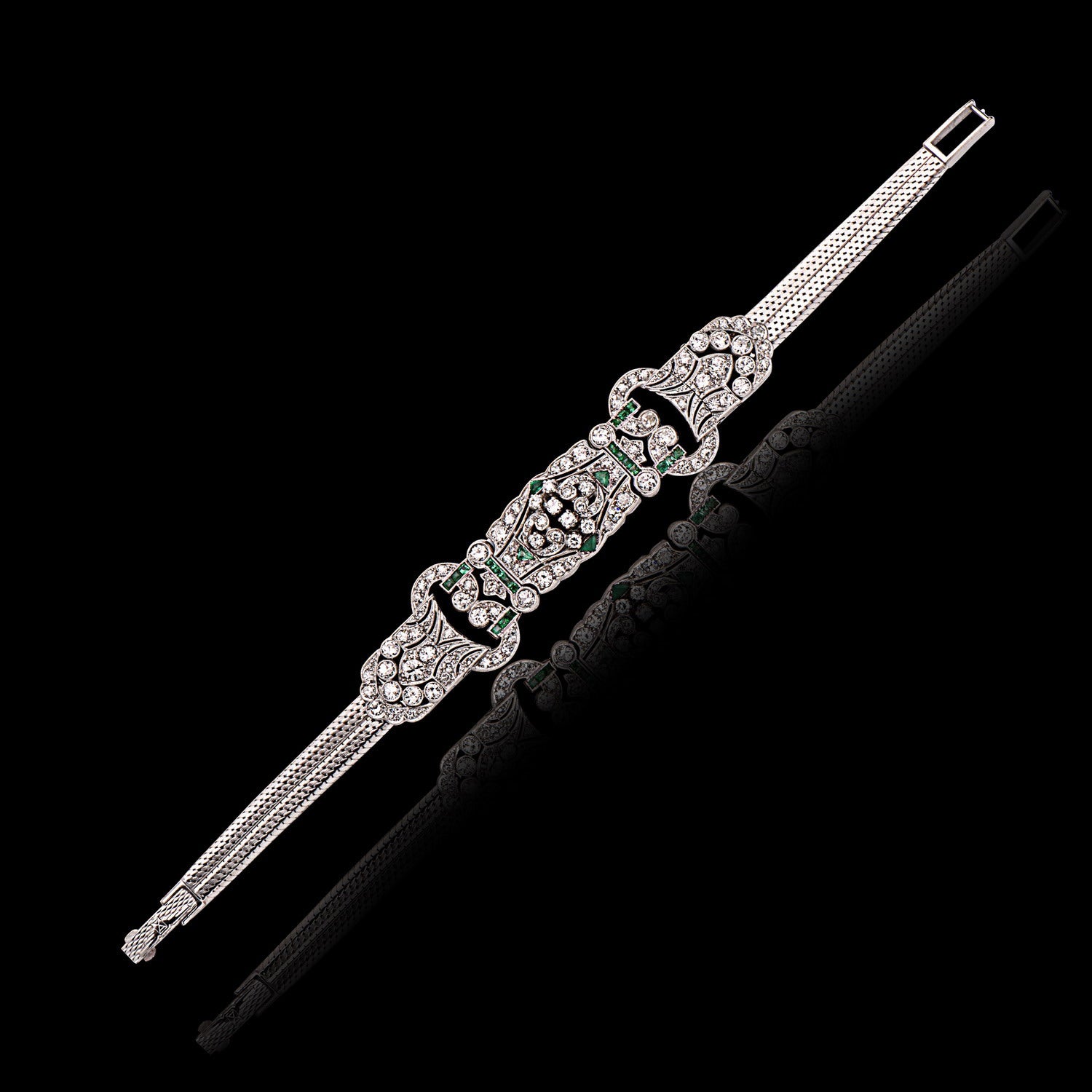 Antique 18k White Gold, Diamond & Emerald Bracelet
