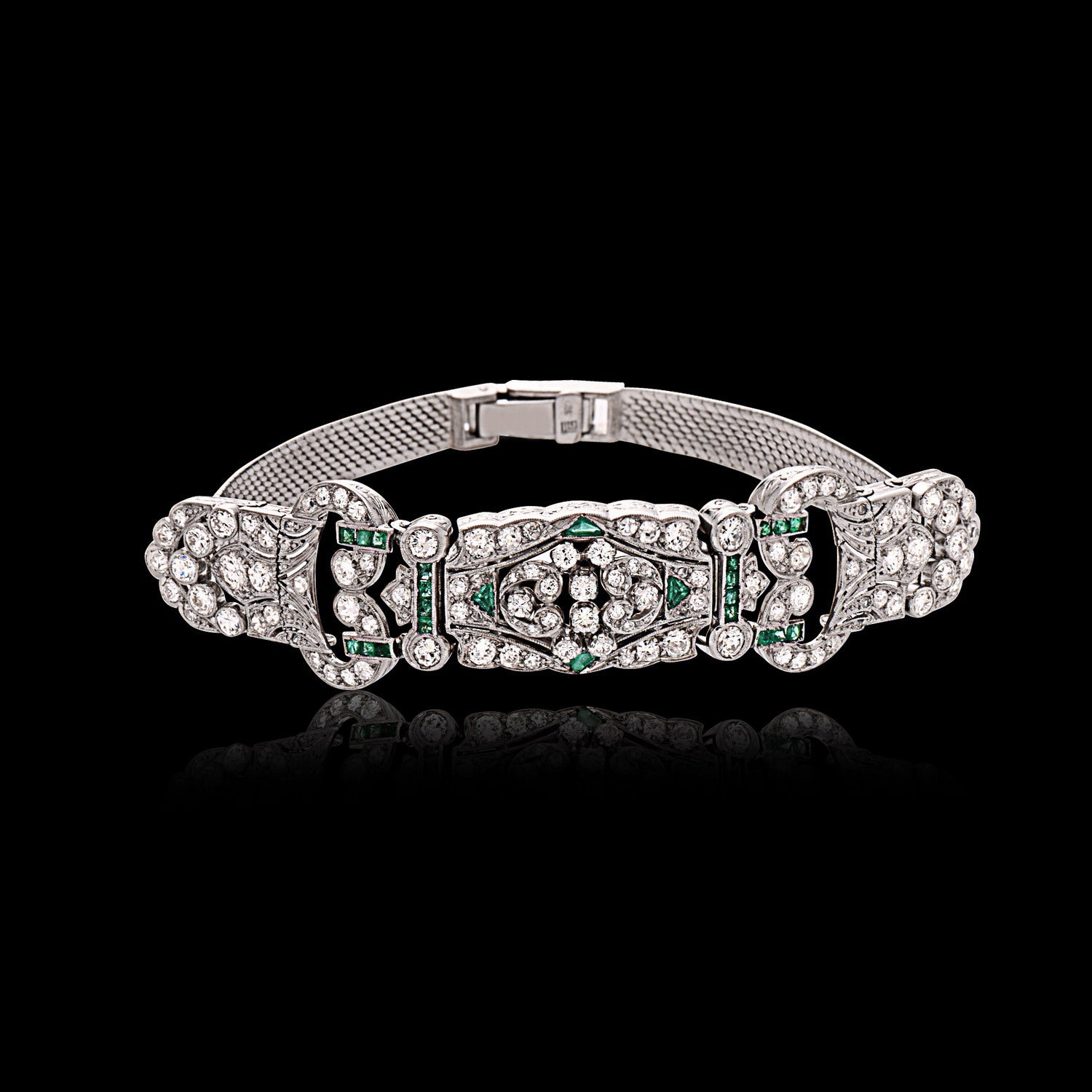 Antique 18k White Gold, Diamond & Emerald Bracelet