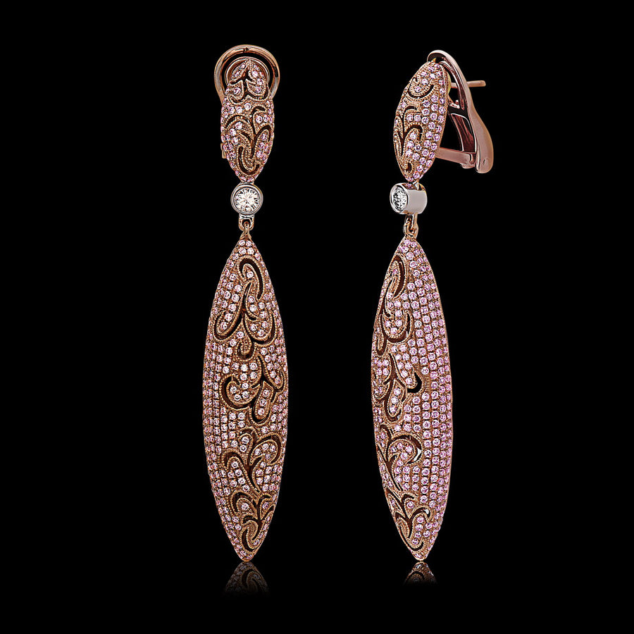 Natural Pink Diamond Drop Earrings in 18K Yellow Gold