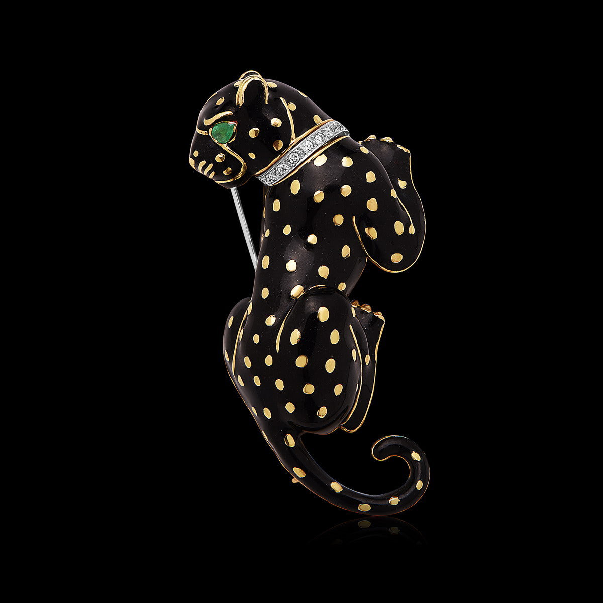 David Webb Diamond & Black Enamel Panther Brooch