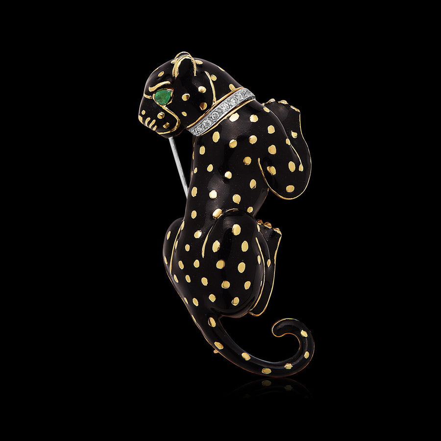David Webb Diamond & Black Enamel Panther Brooch