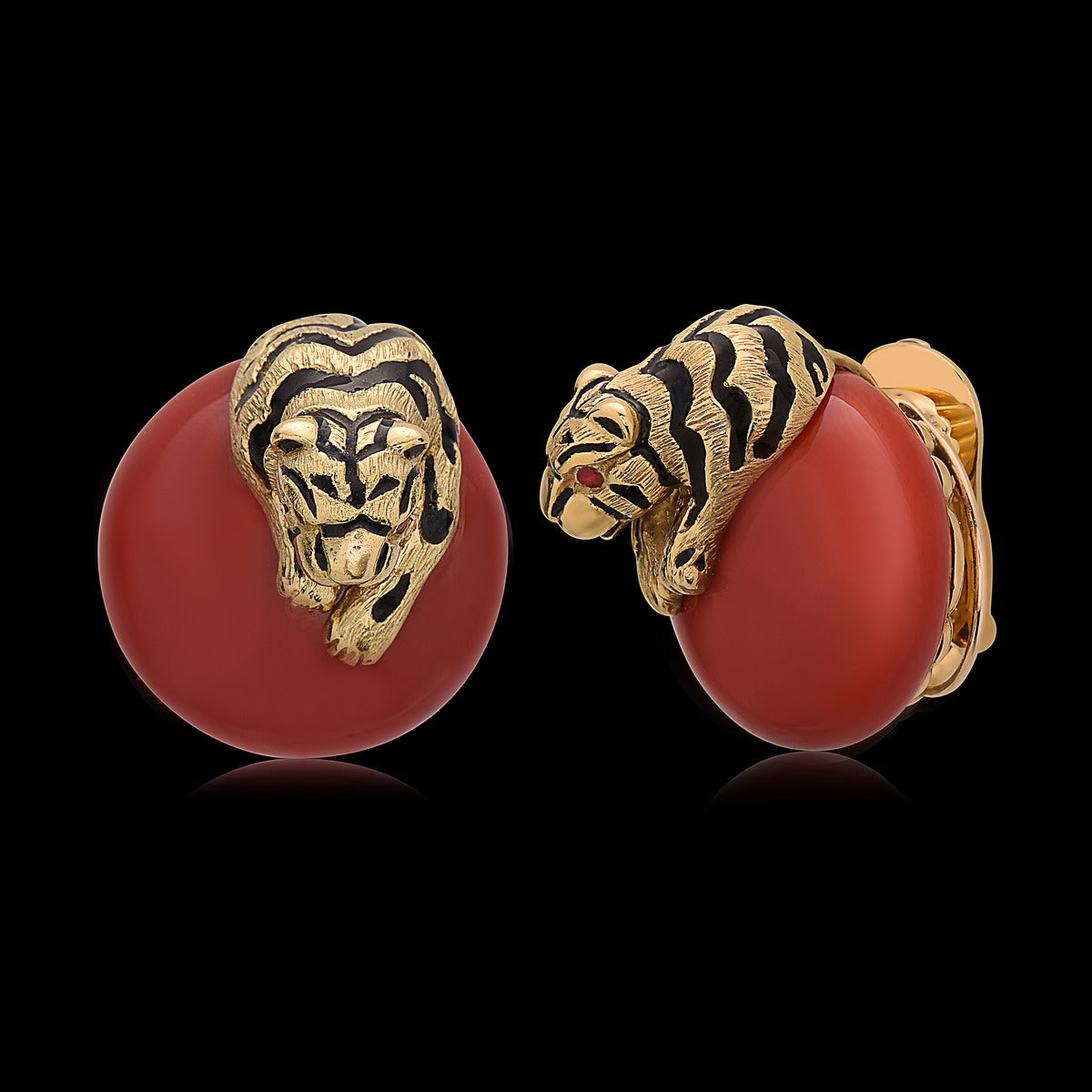 David Webb Coral & Yellow Gold Tiger Earrings